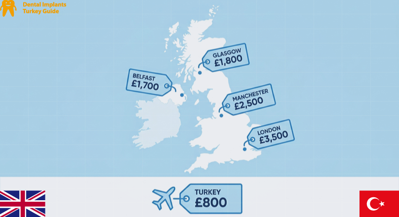 Dental Implant Prices in cities in United Kingdom vs Turkey