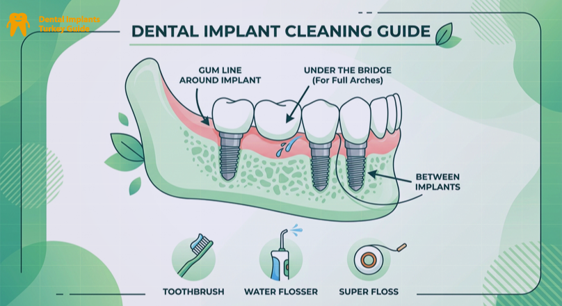 infographic showing step-by-step dental implants cleaning process