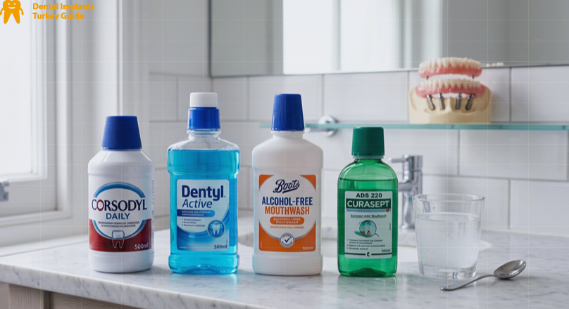 Mouthwash bottles on bathroom sink surface